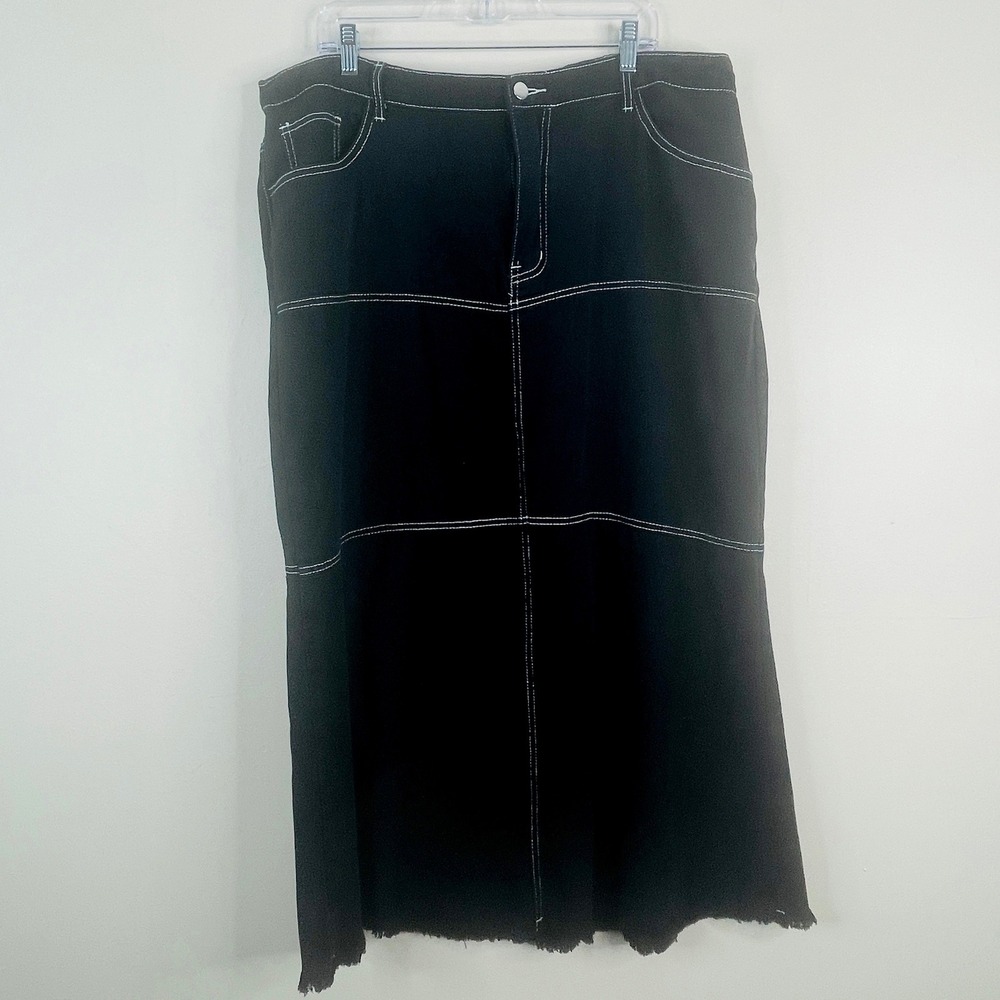 Womens Denim Midi Skirt 4X Black Contrast Stitching Grunge Casual Modest Western